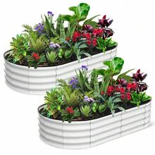 Oval Raised Garden Bed, 2 Pcs Galvanized Raised Beds For Outdoor, Planter Raised Boxes With Open-Ended Base,Large Metal Raised Planter Beds For Vegetables,Flowers,Tool-Free Assembly - 6*3*1FT-米色 - 查看 1