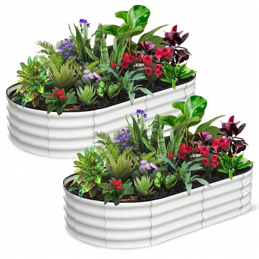 Oval Raised Garden Bed, 2 Pcs Galvanized Raised Beds For Outdoor, Planter Raised Boxes With Open-Ended Base,Large Metal Raised Planter Beds For Vegetables,Flowers,Tool-Free Assembly - 6*3*1FT-米色 - 查看 1