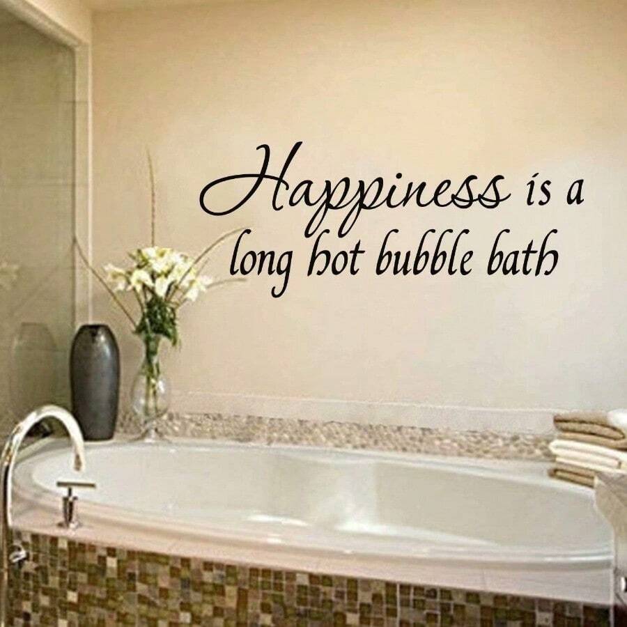 La felicidad es un largo baño caliente con burbujas - Cita de baño, pegatinas de ducha, frase para decoración de baño, letras divertidas para la bañera, 27 X 11 cm - Negro - Ver 1