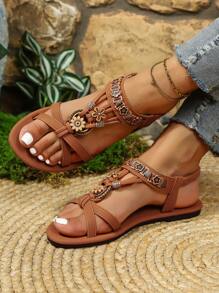 Women's Flat Plus Size Sandals, Summer Fashion Bohemian Beach Slip-On Comfortable Versatile Strap Sandals