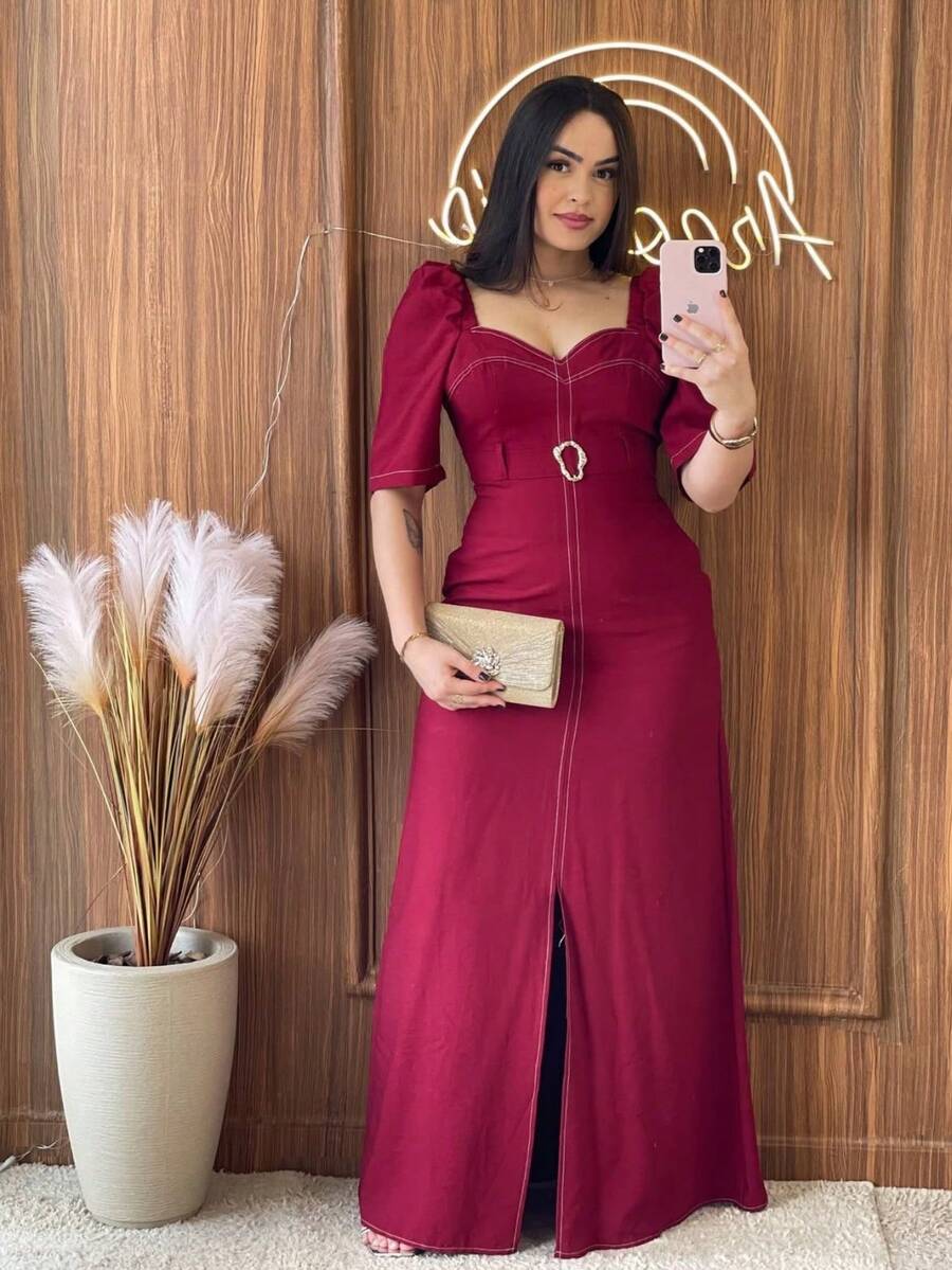Women's Long Dress With Half Sleeves And Simple Print With Exposed Seams, Super High Fashion Winter, Árbora Eminence. - 酒紅色 - 查看 1