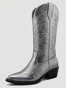 GLOBALWIN Women's Mid Calf Western Cowboy Boots Cowgirl Boots For Women With Floral Embroidery Side Zipper Chunky Heel Fall Boots Halloween Season - 暗銀 - 查看 4