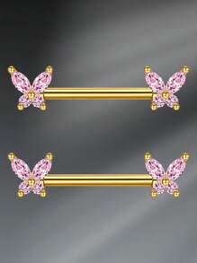 CIZME 1 Set 2pcs Nipple Rings Nipple Piercing Jewelry Nipple Rings Straight Barbells, Stainless Steel Silver Gold Butterfly Body Piercing Jewelry Nipple Piercing Barbell For Women With White Pink CZ Nipple Barbell