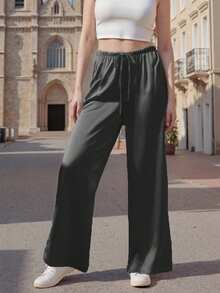 Women's Silk Wide Leg Pants Drawstring High Waist Solid Color Loose Pants Flowy Trousers - Black - View 3