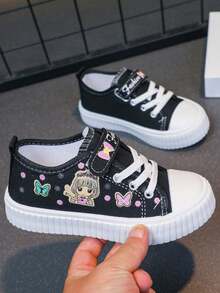New Girls Cartoon Pattern Low-Top Skateboard Shoes, Fashionable Kids' Campus Sports Shoes, Big Kids Hook And Loop Comfortable Running Shoes, Spring/Summer, Butterfly, Love, Valentine's Day - Black - View 7
