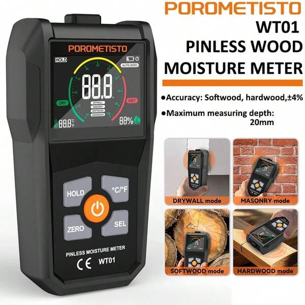 POROMETISTO POROMETISTO-WT01 Digital Wood Moisture Meter Inductive Wood Moisture Detector Concrete Cement Brick Portable Moisture Meter