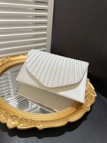 女士经典优雅褶皱设计翻盖晚宴手拿包、正式派对钱包、新娘婚礼信封手提包、适合礼服的链条单肩包 - 白色 - 查看 6