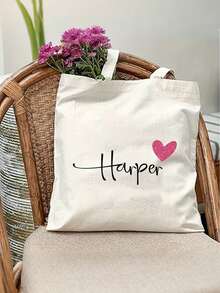 1pc Custom Name Canvas Tote Bag - Personalized School Bag With Heart Design, Ideal For Bridesmaid, Girlfriend, Or Mom Gift, Black With White Script Name "Harper, All-Purpose, Large Capacity, Versatile, Multifunction, Cute, Adorable, Contracted, Funny, Kawaii, Y2K, Minimalist, Commuting, Business Casual, Basics, Custom, Personalized, Customized, Ideal Gifts For Her, Her, Family, Friends, Girlfriend, For Anniversaries, For Birthdays, For Holiday/ Vacation, For Outdoors/Outings/Travel/Hiking/Stadium/Sports/Climbing, For Business/Commute/Work/Office, Customized Women Bags
