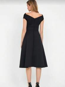 Vestido midi de línea A negro elegante para mujeres - Vestido de cóctel con hombros descubiertos para bodas, noches, citas y ocasiones especiales - Negro - Ver 3