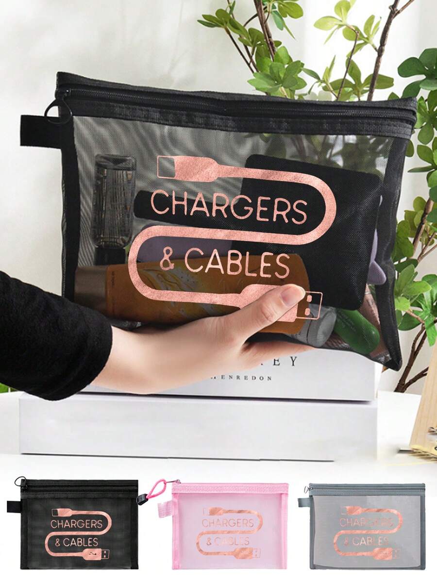 玫瑰金网格化妆包带数据线图案，红色气垫收纳便携式收纳包，化妆包，护肤包，旅行必需品，宿舍用品，婚礼新娘礼物，母亲礼物，生日礼物，送给朋友和老师的礼物，浴室收纳，珠宝收纳，唇油和化妆品收纳包 - 彩色 - 查看 1