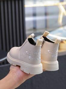 1 双儿童秋冬新款侧拉链刺绣靴，时尚百搭女童刺绣户外防滑靴 - 米色 - 查看 5