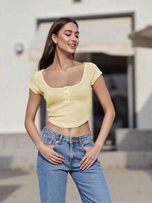 Women's Button Up Crop Top Ribbed Scoop Neck Cap Sleeve Shirt Slim Fit Summer Blouse For Casual Streetwear - 黃色 - 查看 6