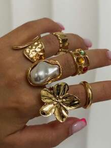 12/7/6/3pcs Set Oversized Textured Floral, Faux Pearl, Asymmetrical Shape, Minimalist Smooth Solid, Colorful Faux Gem, Heart Metal Chunky Rings, Fashion Elegant Vintage Chic Cute Retro Design, Suitable For Holiday, Party, Date, Gift, Daily Wear