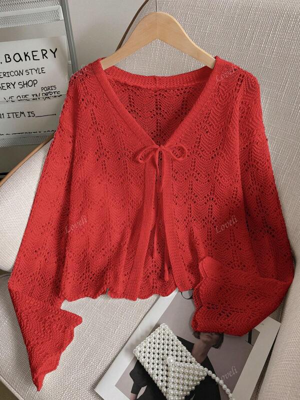Women's Summer Beach Cover Up Cardigan - Hollow Out Knitwear Top With Bowknot, V-Neck Loose Drop Shoulder Design, Lightweight Vacation Kimono, Bikini Women Crochet Crop Tops Tie Front Bell Long Sleeve Knit Shrug Shrugs Girl's Knitted Plus Size Flounce, Spring Summer Fall