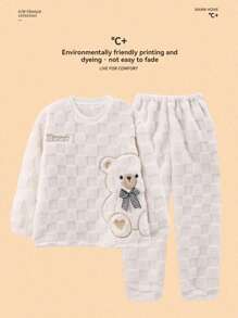 Cute Striped Wool Pajama Set - Thermal Lined Bear Pattern Warm Sleepwear Set, Soft Polyester Long Sleeve Top & Pants, Suitable For Christmas & New Year, 2-Piece Teenage Girls Home Set, Autumn/Winter