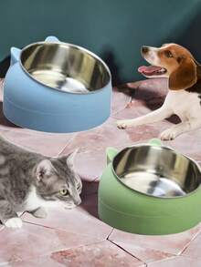 1pc Stainless Steel Pet Bowl - Cat Ear Bowl, 2-In-1 Tilted Design - Protects Neck, Suitable For Cats, Dogs And Other Small Animals - Multicolor - View 5