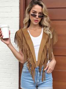 Women's Suede Tassel Vest 70s Hippie Outfit Sleeveless Open Front Vest Western Collar