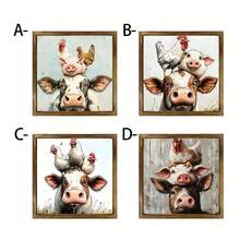 1 Piece Country Style Wooden Frame Tag - Stacked Cow Pig Chicken Farm Animal Painting, Handmade Wood Wall Art & Desktop Decoration, Suitable For Birthday, Home Office, No Electricity Required, Pastoral Wall Decoration|Fun Animal Art|Cow Pattern Decoration - Wood Panel Painting - View 1