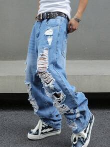 Y2K Ripped Baggy Jeans For Men Distressed Wash Wide-Leg Streetwear Star Waist Full-Length Pants - 淺色水洗藍 - 查看 3