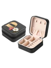 1pc Mini Floral Alphabet Jewelry Storage Box, A-Z Gold Letters, Portable Zipper Travel Jewelry Storage Box, Gift Box For Women, Multi-Function Jewelry Display Stand For Rings, Pendants, Earrings, Necklaces, Etc. - Suitable For Women, Mother, Girlfriend, Valentine's Day Gift Box.