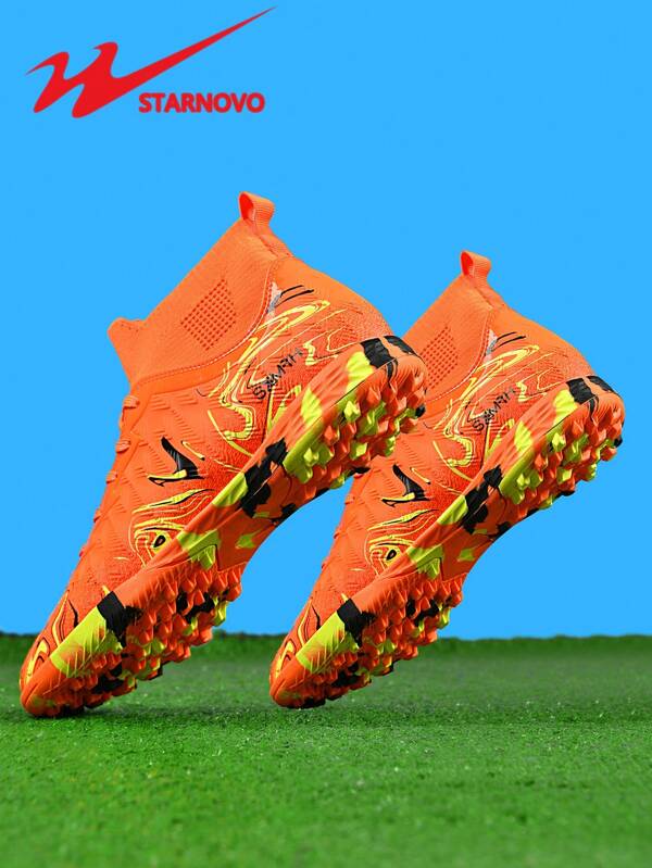 STARNOVO Authentic Dual Star Football Shoes, Unisex Fashion High-Top Sports Soccer Shoes, Camouflage Rubber Sole, Stylish Elastic Knit Collar High-Top Design, Vibrant Color Combinations, Suitable For Middle/Primary School Students' Football Training, Matches, And Daily Commute