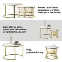 Juego de 2 mesas de centro nido, diseño de mármol, aglomerado, estructura de metal, mesa auxiliar para balcón, mesa de salón, redonda, dorada