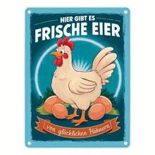 Glückliche Hühner Frische Eier - 6X8" Metallschild, Aluminiumschild auf Deutsch, perfekt für Zuhause, Büro, Café & Restaurant Dekoration, einfache Wandmontage