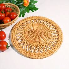 1pc Woven Rattan Coaster, Heat Insulation Mat, Tableware Mat, Heat-Resistant Trivet, Convenient Pot Holder, Wooden Dining Mat, Practical Placemat, Home Pot Pad, Heat-Resistant Pad, Bowl Stand Mat, Suitable For Living Room, Kitchen, Home Decor - Khaki - View 1