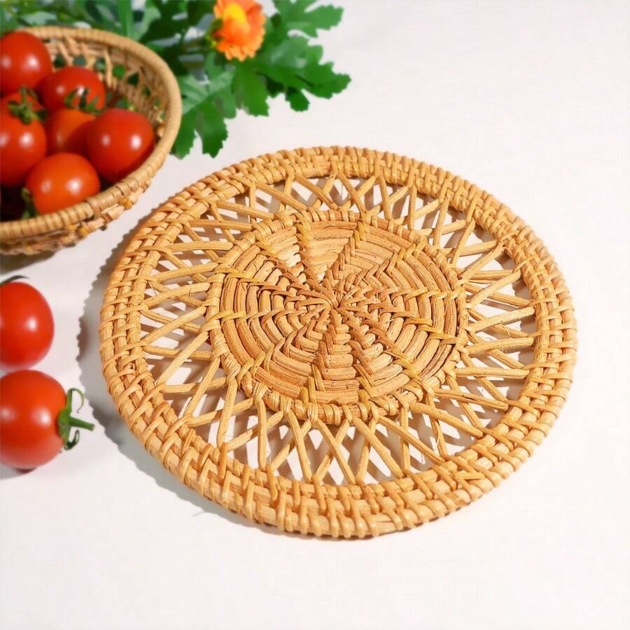 1pc Woven Rattan Coaster, Heat Insulation Mat, Tableware Mat, Heat-Resistant Trivet, Convenient Pot Holder, Wooden Dining Mat, Practical Placemat, Home Pot Pad, Heat-Resistant Pad, Bowl Stand Mat, Suitable For Living Room, Kitchen, Home Decor - Khaki - View 1