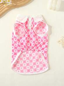 1 pieza Camisa para perros pequeños nueva de diseño de corazón a cuadros bicolor transpirable, con collar y correa incorporada, ligera, para verano