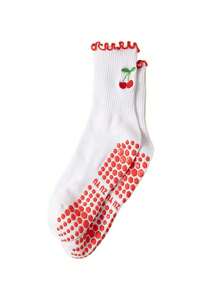 1 Paar Yoga Socken, Damen Mittellange Socken, rutschfest mit Klebstoff, Stickerei mit Spitze, Kirsche Stickerei, Training, Laufen, Pilates
