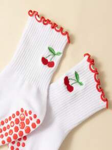 1 Paar Yoga Socken, Damen Mittellange Socken, rutschfest mit Klebstoff, Stickerei mit Spitze, Kirsche Stickerei, Training, Laufen, Pilates