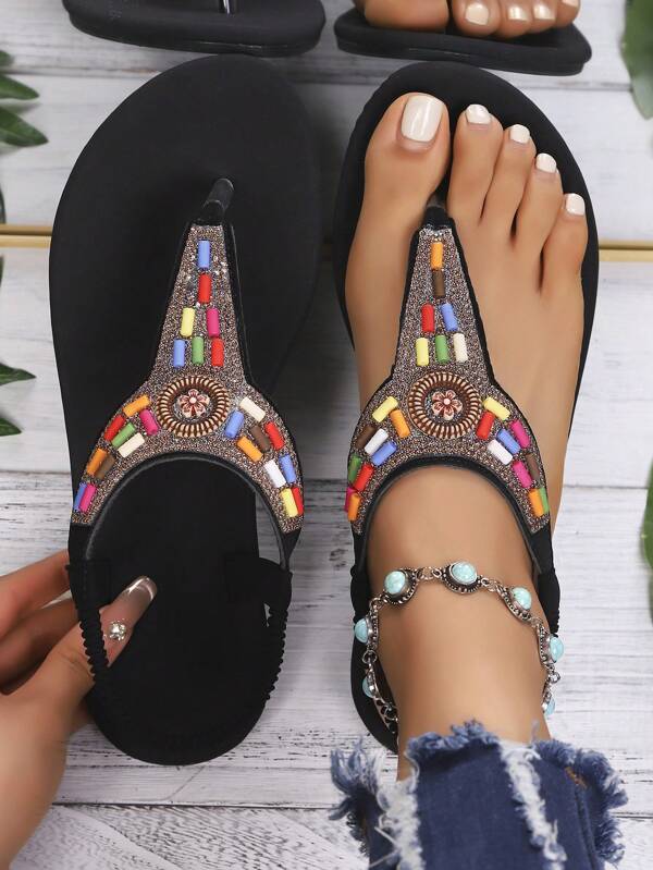 New Sandals Women, Beaded Bohemian Retro Flip Flops, Beach Travel Shoes