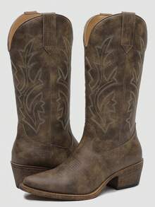 GLOBALWIN Women's Mid Calf Western Cowboy Boots Cowgirl Boots For Women With Floral Embroidery Side Zipper Chunky Heel Fall Boots Halloween Season - 23YY13 深棕色 - 查看 1