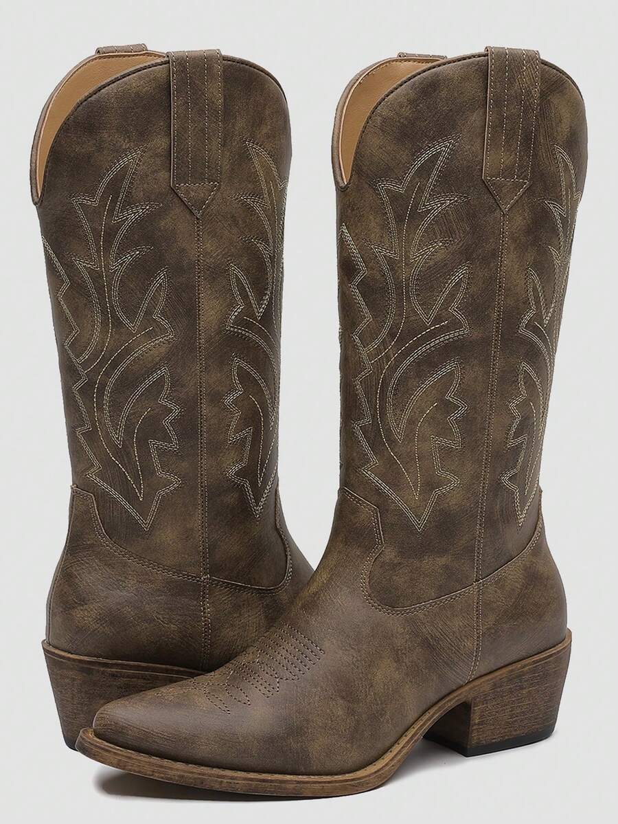 GLOBALWIN Women's Mid Calf Western Cowboy Boots Cowgirl Boots For Women With Floral Embroidery Side Zipper Chunky Heel Fall Boots Halloween Season - 23YY13 深棕色 - 查看 1