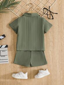 Back To School 2pcs Set For Baby Boys: Casual Striped Shirt And Sports Shorts, With Contrast Color Faux Drawstring Design - Army Green - View 3