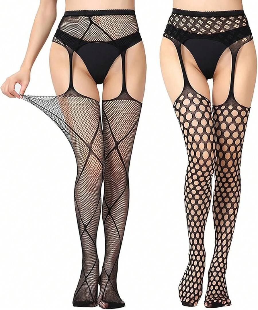 EVERSWE High Waist Fishnet Tights, Thigh High Suspender Stockings