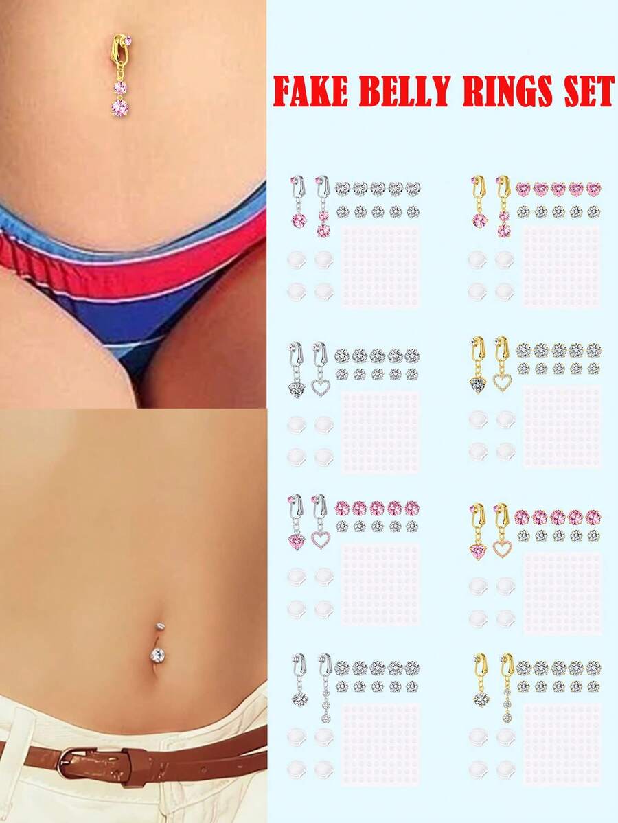 17pcs Clip-On Piercing Jewelry Set, Includes 2 Fake Navel Rings, 4 Clear Silicone Pads, 10 Shiny Zirconia Stones, 1 Sticker, No Piercing Required Navel Clip/Sticker Jewelry, Suitable For Women Daily Wear, Exquisite Gift - Multicolor - View 1