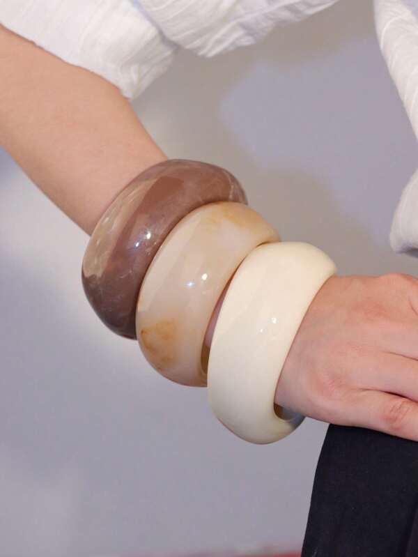 3pcs Set Fashionable & Elegant Oversized Semi-Transparent Tie Dye Marble Textured Resin Bangle Bracelets, Suitable For Women, Daily, Party And Beach Vacation
