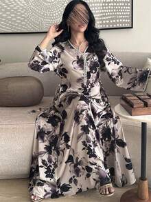 Hafizah 阿拉伯迪拜印花长裙，水钻装饰，时尚 Jalabiya - 紫丁香色 - 查看 3