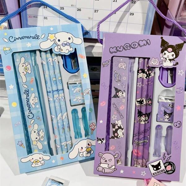 Sanrio Ensemble cadeau de papeterie Sanrio hello kitty et Cinnamoroll - Assortiment de fournitures scolaires en plastique avec règle, crayon, taille-crayon et gomme - Parfait pour les étudiants, les récompenses et les cadeaux de rentrée scolaire