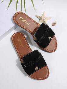 Giày sandal đế bệt hở mũi màu đen cho nữ có tua rua kim loại, giày lười quai mảnh hoàn thiện mờ, giày đi biển thường ngày, hàng mới về mùa hè - màu đen - Xem 6