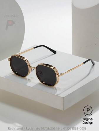 015068863-0009-SX2358 1 Stück Sommer Metall Geometrische Modebrillen für Herren, Modischer Street-Style Brillen, Schwarz/Gold/Silber/Braun, dicker Rahmen mit Belüftungslöchern, kommt mit PU-Leder oder Papierkoffer (zufällig) Modischer Preppy-Schulblick für den Schulanfang