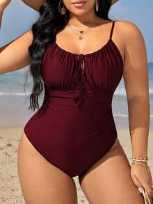 Swim Lushoire 2025 Plus Size Women Solid Color Front Tie One-Piece Swimsuit Summer - Red - View 1