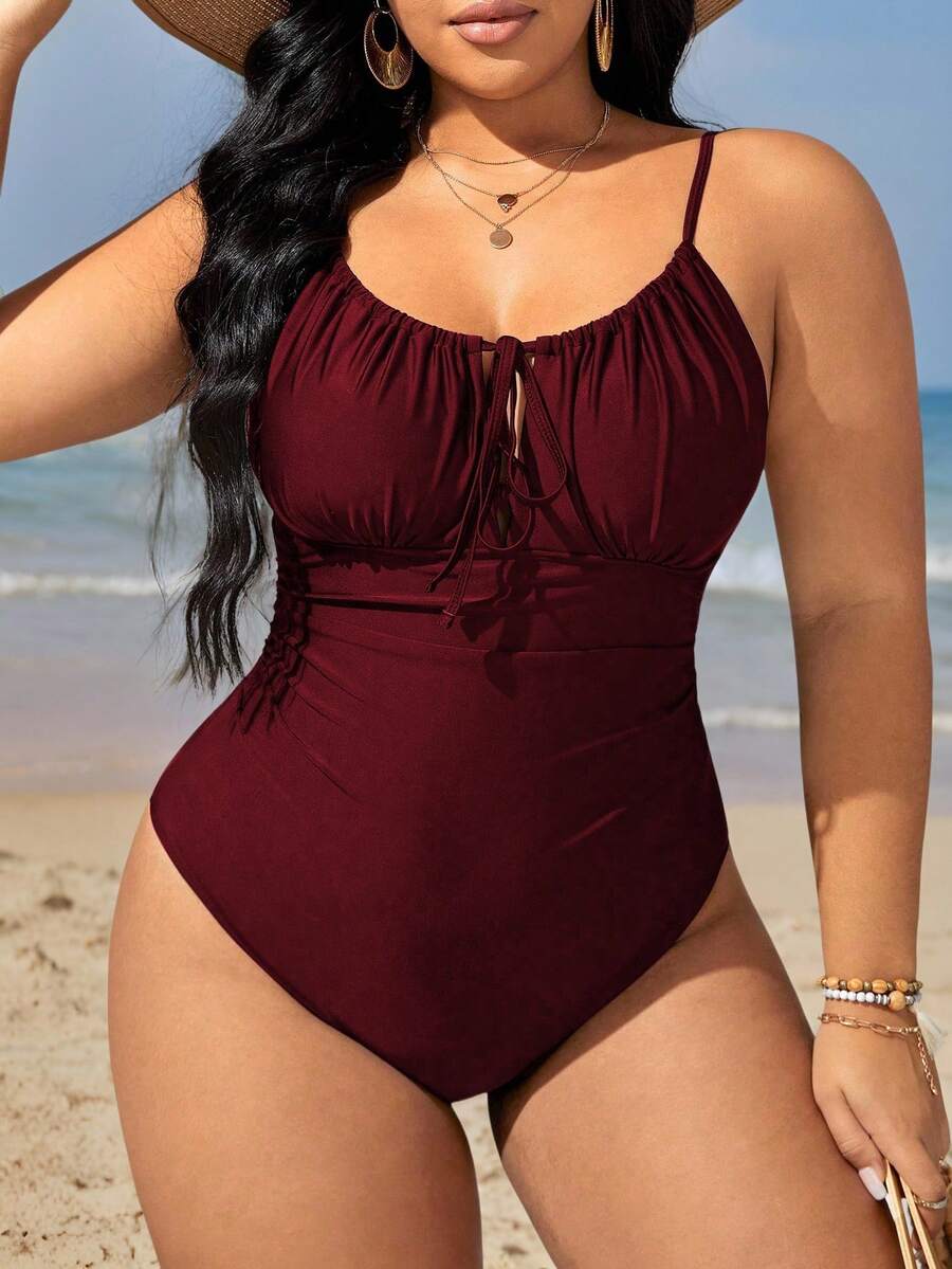 Swim Lushoire 2025 Plus Size Women Solid Color Front Tie One-Piece Swimsuit Summer - Red - View 1