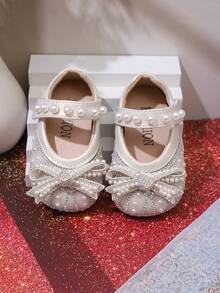 Baby Fashionable Mary Jane Shoes, Toddler Girls Spring/Summer Soft Sole Anti-Slip Walking Shoes With Glittery Bow, Suitable For Party, Formal Wear, Vacation - White - View 3