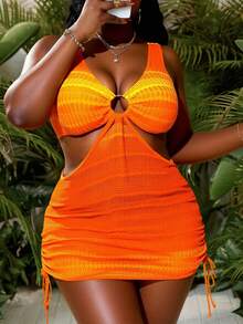 Slaydiva Set de 2 trajes de baño tipo vestido de mujer talla grande con tirantes anchos, cintura con cordón y abertura lateral, de colores degradados, para uso en la playa - Naranja - Ver 4