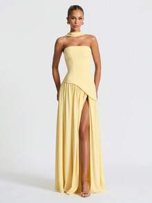 Elegante vestido de noche sexy de cóctel con escote halter, abertura y nudo delantero - Amarillo - Ver 3