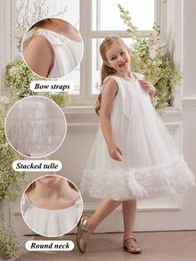 Young Girl Elegant Bow Ruffled Tulle Princess Dress, Cake Skirt Design Suitable For Birthday Party, Casual Outing, Stage Performance, Holiday Celebration - White - View 3