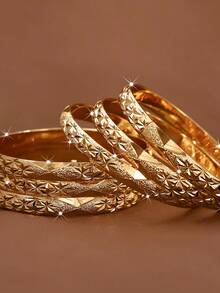 1/3/6pcs Traditional 24k Gold-Plated Exquisitely Hand-Carved Starry Pattern Bangle Bracelets, Suitable For Women Daily Wear And Gifts, No Box - Gold - View 3